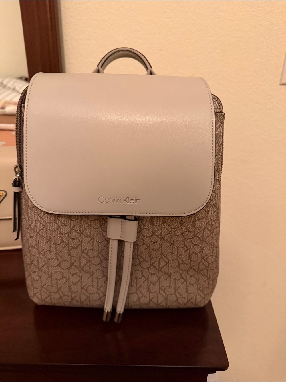 Calvin Klein Beige Monogram Backpack with White Flap